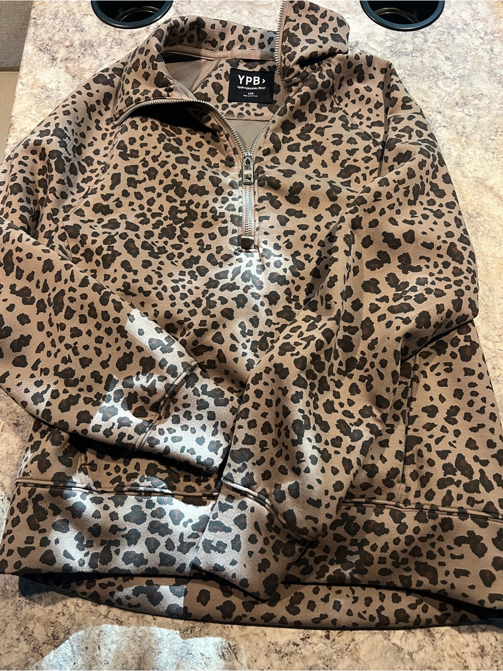 YPB Women's Sweatshirt Brown/Black xxs Pullover 1/4 Zip Leopard Print Logo #740